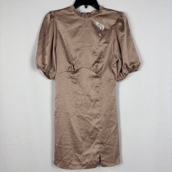 6 ASOS Design Mini Dress Ruffle Collar Puff 1/2 Sleeve Shift Keyhole Back Split - Picture 1 of 9